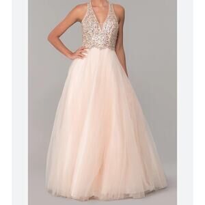 Dancing Queen Long V-Neck Tulle Prom Dress with Beaded Bodice sequined SZ MD